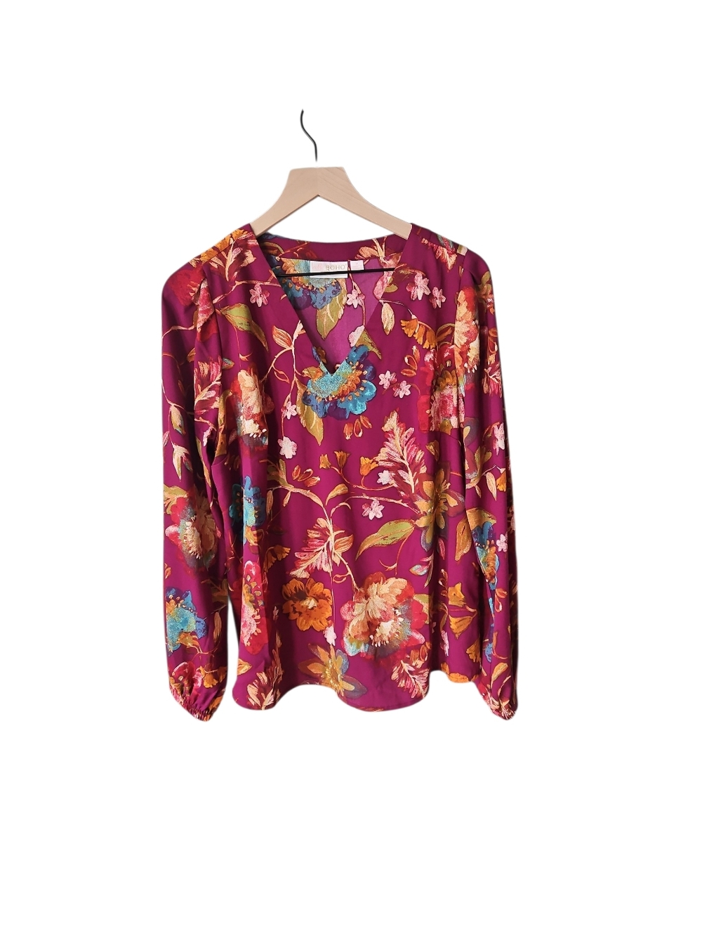 Belle Boho Kim Gravel Floral V-Neck Long Sleeve Blouse Size Medium